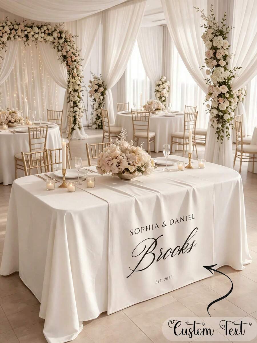 Personalized Wedding Linen Table Runner, Customized Name Banner, Sweet Heart-Shaped Reception Area Decor, Elegant Fabric Sign - Multicolor - View 1