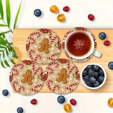6pcs Christmas Themed Wooden Coaster Set, Classic Gingerbread Man Design Creates Holiday Atmosphere – Suitable For Restaurant, Living Room Or Tea Time Gathering – 10cm_3.9in, Tea Party Essential - Multicolor - View 8
