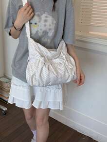 Bolso bandolera casual minimalista ligero con estampado de lunares para mujer, bolso tote de gran capacidad con múltiples bolsillos, adecuado para la escuela, compras, trabajo y viajes - Blanco - Ver 4