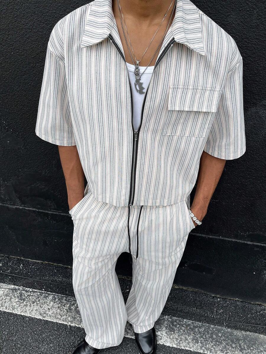 HOMIIE Men's Cropped Striped 2 Pieces Outfit, Cotton Blend Full Zip Shirt & Wide Leg Drawstring Pants, Streetwear For Spring Autumn,Halloween Christmas - Multicolor - View 1