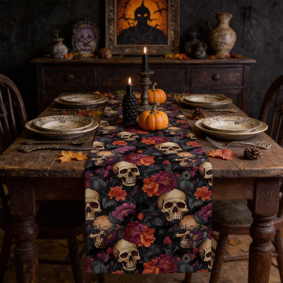 1 pièce Chemin de table style gothique avec motif de crâne et floral, style moderne, décoration de cuisine à la maison, fournitures de fête intérieur/extérieur, convient pour la décoration quotidienne de la cuisine à la maison et la décoration d'événements, décoration d'Halloween. - Multicolore - Voir 1