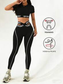Women's 2pcs Sports Set, Short Sleeve T-Shirt And Leggings - Contrast Color Letter Elastic Cross Design Black Summer Style - Black - View 1