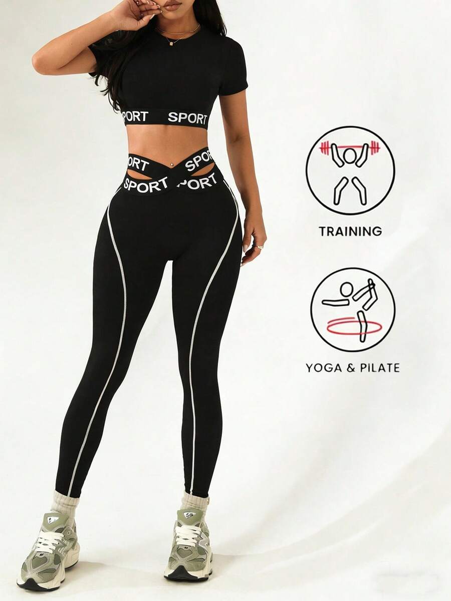 Women's 2pcs Sports Set, Short Sleeve T-Shirt And Leggings - Contrast Color Letter Elastic Cross Design Black Summer Style - Black - View 1