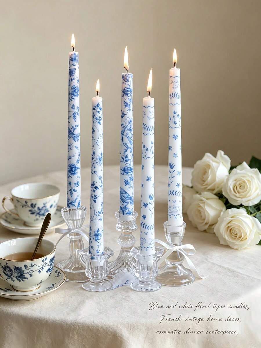 2pcs French Floral Print Taper Candles, Blue And White Pattern Decorative Table Candles, Smokeless Soy Wax, Suitable For Home Decor, Party, Gathering, Holiday, Banquet, Ideal For Thanksgiving, Christmas And Halloween - Multiple Styles - View 1