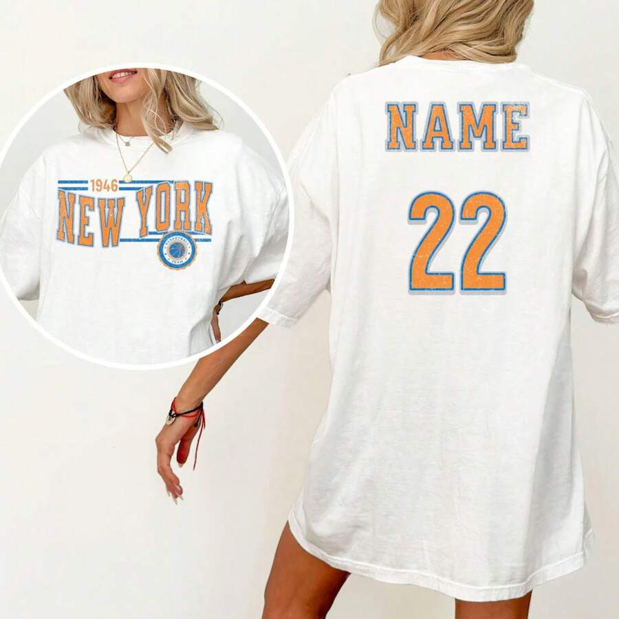Camiseta de baloncesto unisex personalizada de Nueva York, camiseta del equipo de baloncesto Knick, nombre y número personalizados, camiseta de baloncesto retro personalizada por delante y p - Blanco - Ver 1