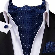 Navy Blue Tiny Square Texture Ascot Cravat, 3 Piece Coordinated Set Ideal For Office Work Includes Hanky Cufflinks - Blue - View 1