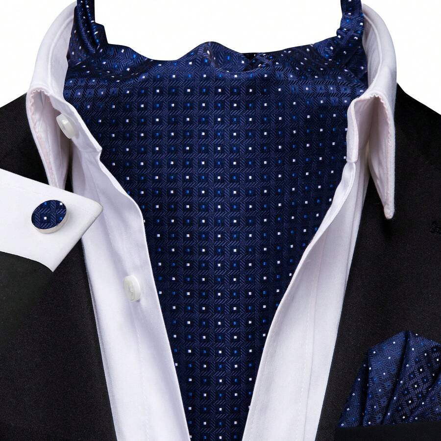 Navy Blue Tiny Square Texture Ascot Cravat, 3 Piece Coordinated Set Ideal For Office Work Includes Hanky Cufflinks - Blue - View 1