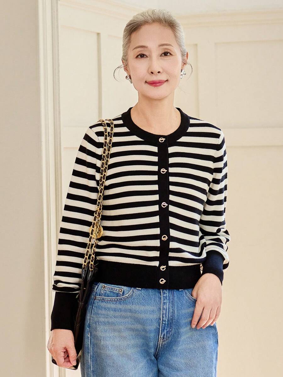 女款時尚條紋羊毛開襟衫,對比飾邊鈕扣針織衫,適合萬聖節、感恩節、聖誕節節日穿搭 - 黑色 - 查看 1