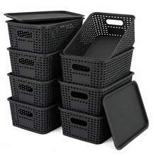 8 Pack Plastic Storage Baskets With Lids, Stackable Storage Organiser Bins - View 12