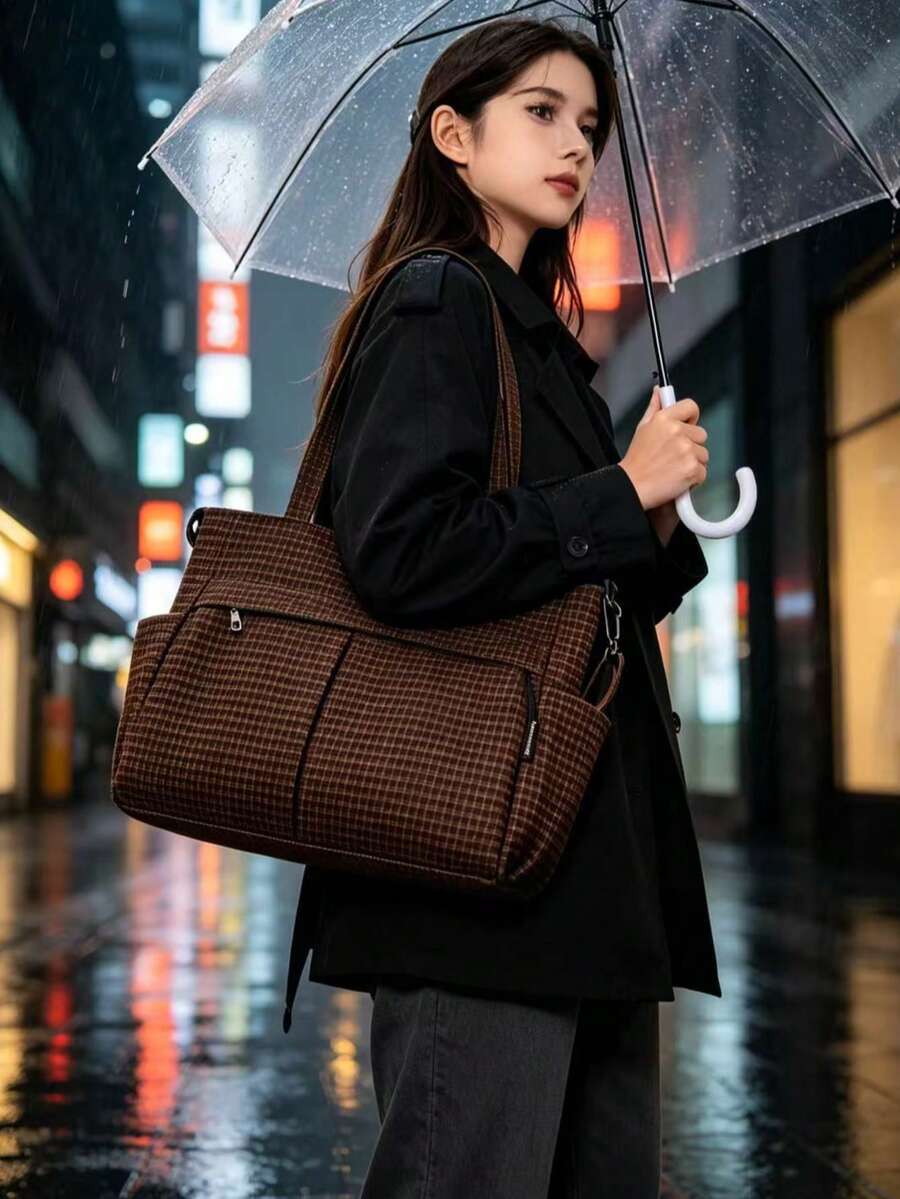 女款格紋托特包，大容量單肩手提包，可拆卸斜背帶，休閒日常旅行包