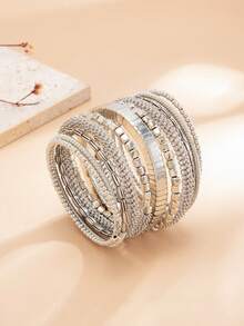 1pc Bohemian Vintage Multi-Layer Wrapped Beaded Bracelet, Gold Adjustable Spring Bracelet, Suitable For Women's Daily And Party Wear, Holiday Gift - Silver - View 3