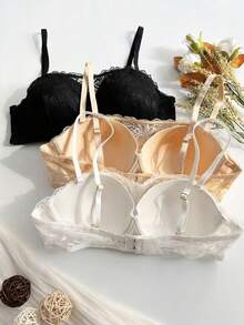 3pcs Women's Strapless Bra, European And American Style, Anti-Slip Detachable Straps, Lace Bandeau, Off-Shoulder Top Inner Wear, Women's Lingerie Bra - Multicolor - View 7