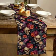 1 pièce Chemin de table style gothique avec motif de crâne et floral, style moderne, décoration de cuisine à la maison, fournitures de fête intérieur/extérieur, convient pour la décoration quotidienne de la cuisine à la maison et la décoration d'événements, décoration d'Halloween. - Multicolore - Voir 6