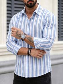 Men's Striped Versatile Single-Breasted Casual Long Sleeve Shirt, Suitable For Daily Wear And Holiday Gift - Blue and White - View 3
