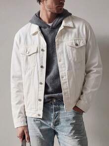 Men's Pure White Turn-Down Collar Pocket Denim Jacket Basic Casual Denim Outerwear - White - View 1