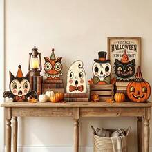 2D Flat New Vintage Halloween Indoor Wooden Block Shelf Decor, Premium Cute Ghost, Pumpkin, Black Cat, Skeleton, Witch And Owl Desktop Ornaments, Rustic Autumn Holiday Decoration, Suitable For Mantel, Desk, Shelf, Living Room, Party Setup And Housewarming Gift, No Electricity Required - A - View 2