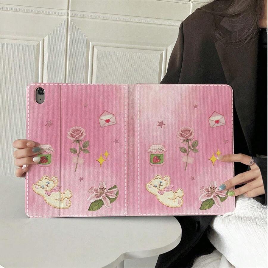 1件粉色縫線泰迪熊玫瑰百合情書草莓罐印花保護殼，附筆槽，適用於 iPad 10代 10.9吋 2022 智慧保護殼/Air 13(M3 2025)/Air 11/11(A16 2025)/Galaxy Tab S10+/S9/A9，相容於 OPPO Pad、MatePad、Pad、Honor Pad、Xiaoxin Pad - 彩色 - 查看 1