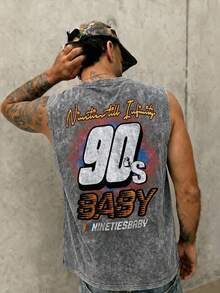 FRACTYR ملابس علوية بدون أكمام رجالي صيفي كاجوال بطراز الشارع "90s BABY" بطبعة سباق مغسولة | قطعة ملابس شارع عتيقة لا غنى عنها - رمادي غامق - مشاهدة 1