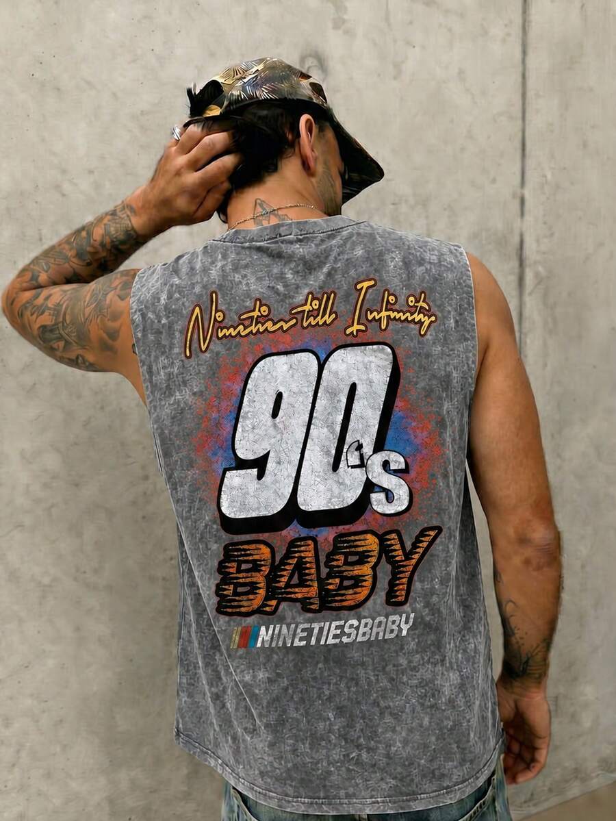 FRACTYR ملابس علوية بدون أكمام رجالي صيفي كاجوال بطراز الشارع "90s BABY" بطبعة سباق مغسولة | قطعة ملابس شارع عتيقة لا غنى عنها - رمادي غامق - مشاهدة 1