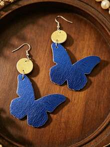1 Pair Vacation Style Blue Glossy PU Leather Double-Sided Butterfly Patchwork Small Round Disc Dangle Earrings For Women - Dark Blue - View 5