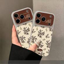1PC Brown & White Floral Pattern Large Window Lychee Texture TPU Phone Case, Compatible With Apple 17 16 15 14 13 12 11 Plus Pro Max Series, Personalized Ins Style Protective Cover, Fashion - Multicolor - View 1