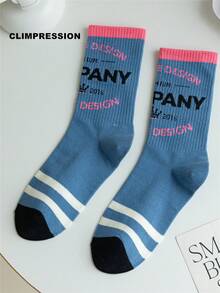 CLIMPRESSION Women's Soft Cotton Letter Print Mid-Calf Socks, Back To School Casual Sports Socks, Suitable For Teenage Girls Daily Wear - Blue - View 9