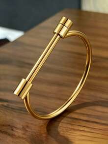 1 pieza Brazalete/Pulsera de acero inoxidable 304 de alta calidad, brazalete abierto para mujer, pulsera de moda con diseño de herradura para mujer, nueva pulsera con diseño de tornillo de metal, estilo unisex. Adecuado para uso diario/verano/playa/vacaciones - Dorado - Ver 9