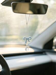 1pc Multi Color Bowknot Crystal Rearview Mirror Hanging Charm, Aesthetic Resin Bow Teardrop Crystal Car Pendant, Women Fashion Car Interior Decor Ornament, Multiple Color Options Auto Accessories Gift - A - View 6