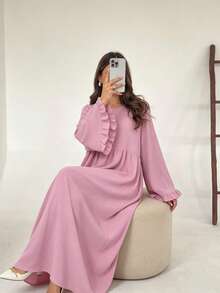 Conservative Abaya Long Dress With Ruffle Cuffs, Pleated Fabric Layered Waist Muslim Long Dress, Casual Islamic Clothing - Multicolor - View 10