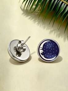 Vintage Aesthetic Moon & Star Stud Earrings, Enamel Round Celestial Starry Sky Earrings, Witchy Astrology Jewelry, Birthday Gift For Women - Silver - View 3