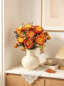1pc Artificial Romantic Bouquet Of Roses And Peonies – Perfect For Weddings, Home, Desktop Decor, Brides' Bouquets, Autumn Decorations, And Halloween Decor - Orange - View 7