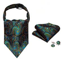 Black Base Teal Orange Multi Swirl Paisley Ascot Cravat Three Piece Kit, Gentleman Party Coordinated Neck Scarf Bundle Including Hanky - Green - View 2
