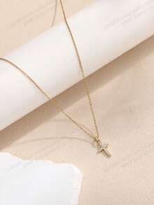 1pc Regular Chain Cross Pendant Necklace, Fashionable Gold Pendant Collarbone Chain - Golden Cross - View 5