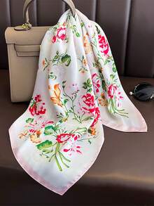 1pc 65*65cm White Base Colorful Mixed Rose Floral Print Satin Imitation Silk Scarf, Thin Multi-Use Scarf For Neck/Shawl/Waist, All Seasons Daily Party - Multicolor - View 4