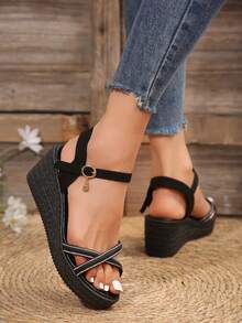 Women's Wedge Heel Thick Sole Summer Sandals, Casual Rhinestone Outdoor Beach Shoes, Shiny Beach Sandals, High Heel Sandals For Summer Dresses - Black (1123) - View 5