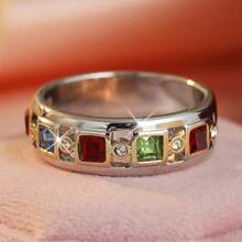Light Luxury Contrast Color Women's Ring, Inlaid With Multi-Color Square Synthetic Zirconia Handmade Accessory, Perfect For Daily, Party, Banquet, Photography, Elegant Birthday Holiday Gift Jewelry - Silver - View 3
