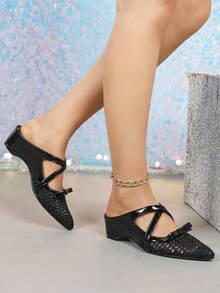 Black Mesh Pointed Toe Wedge Pumps - Black - View 5