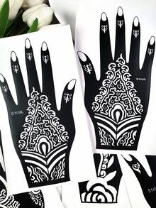 8件組 Mehndi 漢娜紋身模板套裝，傳統花卉圖案 Mehndi 模板，可重複使用手部紋身貼紙，適用於節日、海灘派對 DIY 裝飾 - 黑色 - 查看 6