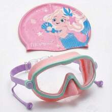 Children's Large Frame Mask-Style Swimming Goggles And Swim Cap Set, Panoramic High-Definition Lens, Waterproof And Anti-Fog, First Day Of School - Pink - View 1