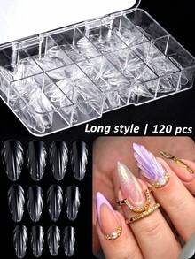 120片 3D貝殼造型美甲延長甲片，貝殼形透明假指甲尖，12種尺寸壓紋貝殼紋理全包覆美甲延長片，透明美人魚美甲底片，適合夏季海灘穿戴甲與沙龍美甲 - 無色 - 查看 2