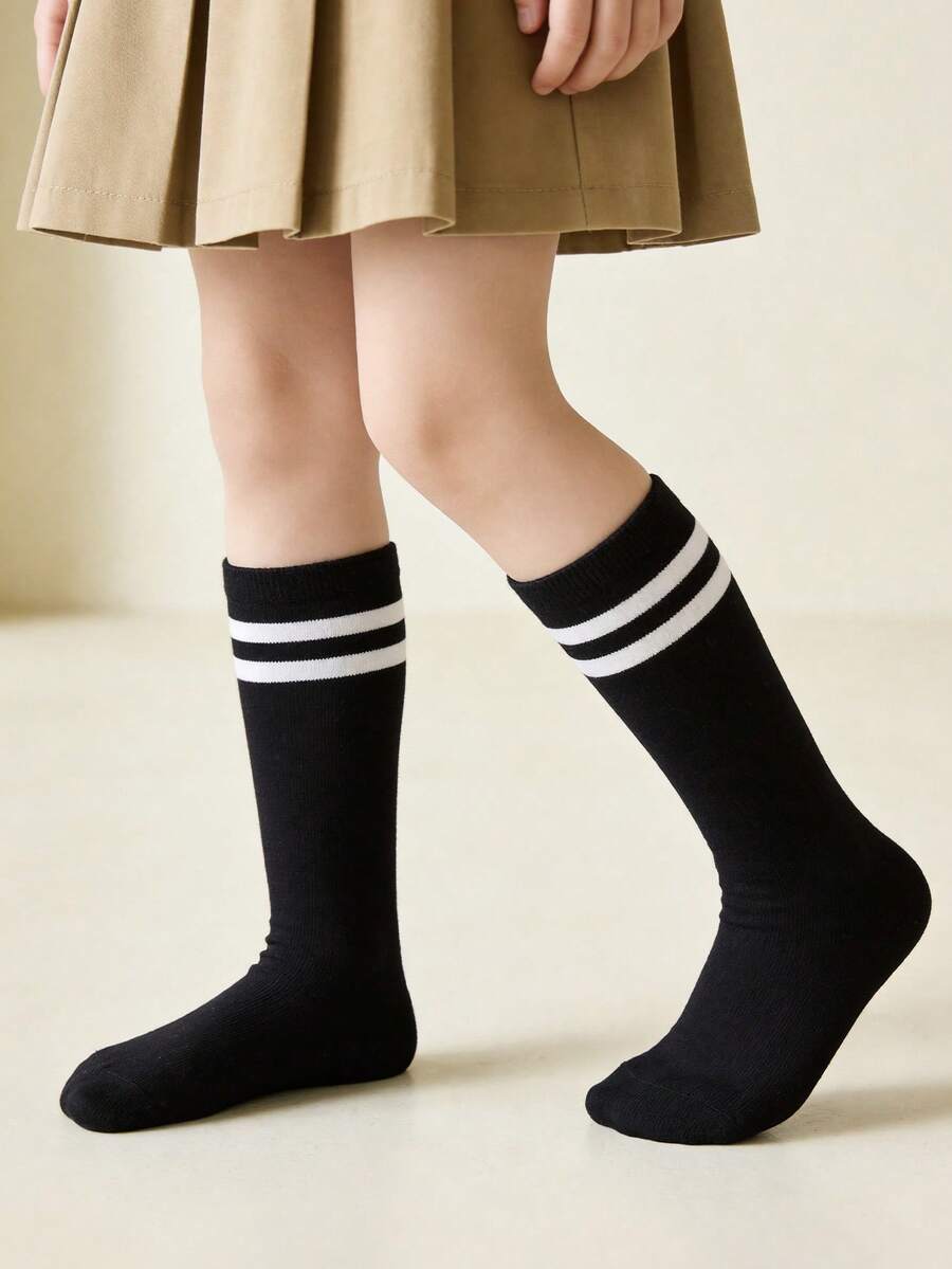 1 đôi tất cao cổ bằng cotton cho trẻ em, tất học sinh cao quá gối đến bắp chân với hai sọc, tất thể thao cho bé trai và bé gái - màu đen - Xem 1