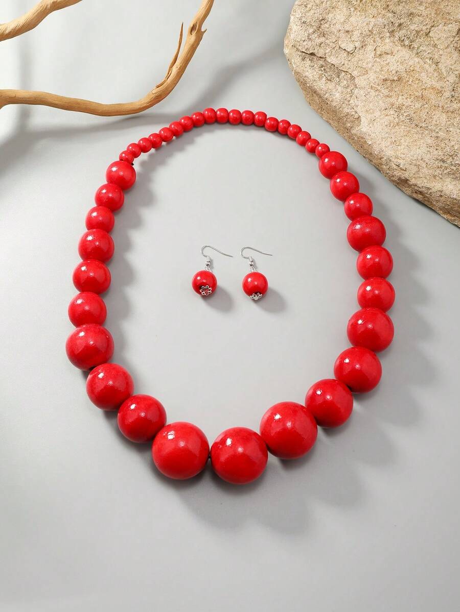 Jewelry Set Necklace & Earrings Handmade Vintage Niche High-End Minimalist Elegant Versatile Beach Party - Red - View 1