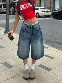 青少年女孩寬鬆口袋拉鍊牛仔七分褲休閒夏季牛仔短褲 - 中等水洗藍 - 查看 3