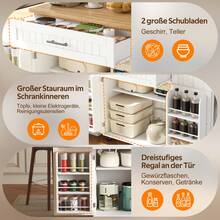 Mobile Kitchen Island With Folding Worktop, Trolley, Storage Cabinet, Bin Cabinet, Shelf Above The Door, Lockable Casters, 130 * 45 (70) * 93 Cm. - White + Wood Tone - View 5