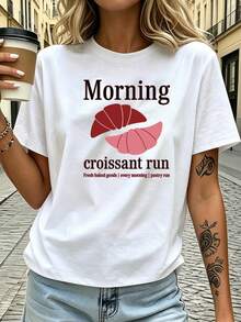 Camiseta de Desayuno Francés para Mujer - Estampado de Croissants y Labios de Croissant, Manga Corta, Suave y Transpirable, Ideal para Picnic, Uso Diario, Conjuntos de Verano, Lavable a Máqu - Blanco - Ver 1