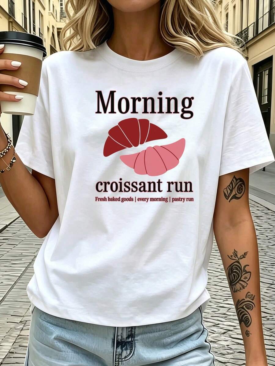 Camiseta de Desayuno Francés para Mujer - Estampado de Croissants y Labios de Croissant, Manga Corta, Suave y Transpirable, Ideal para Picnic, Uso Diario, Conjuntos de Verano, Lavable a Máqu - Blanco - Ver 1