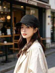 1pc Hip Hop Metal Ring Decor Baseball Cap, Unisex Pure Black Adjustable Sun Protection Dad Hat, Teen Street Punk Style Accessory Hat - A - View 3