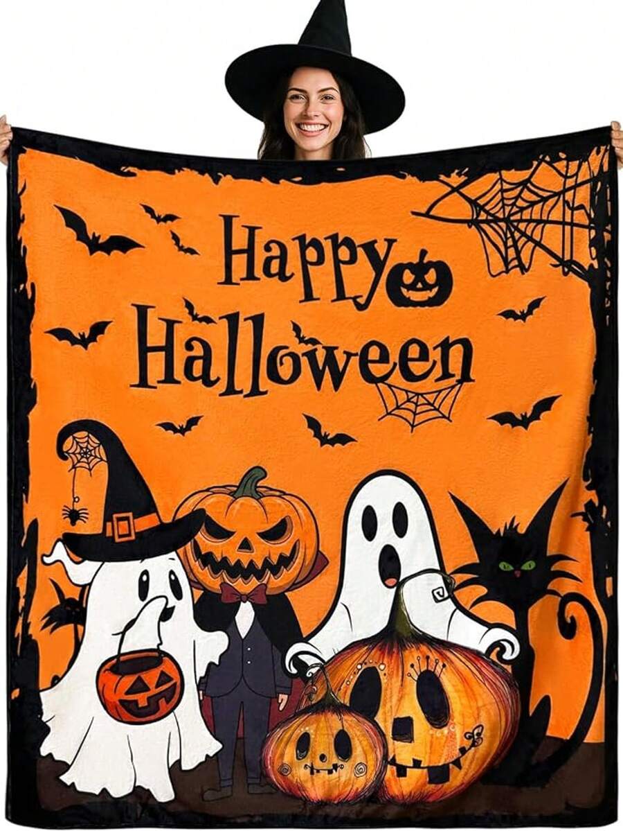 1pc Cute Cartoon Halloween Ghost Black Cat Pattern Flannel Blanket, Fluffy Anti-Pilling Warm Throw For Party Gift - Multicolor - View 1