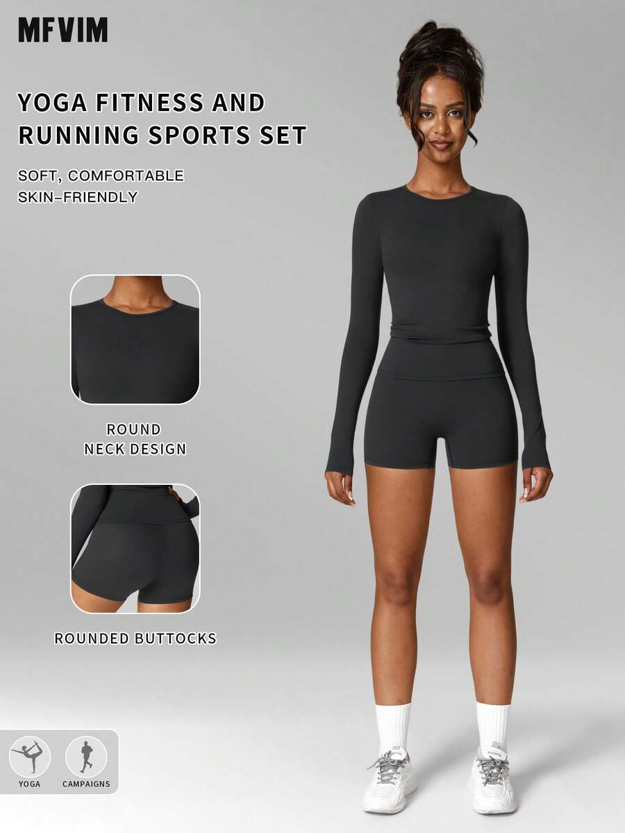 MFVIM Women's Sports Set Fashion Elastic Casual Slim Fit Yoga Dance Fitness Long Sleeve Shorts Set, Versatile Soft Lightweight Skin-Friendly, Essential For Daily Home Commute Outdoor Jogging Cycling Tennis Court Badminton Court Yoga Workout And Various Occasions Women's Fitness Wear