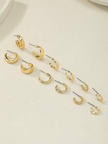 6 Pairs/Set Fashion Zinc Alloy Spring Design Open Hoop Earrings, Suitable For Women's Daily Wear - Gold - View 4